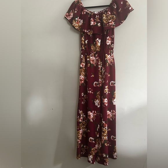 Altar’d State Burgundy/Maroon Floral Print On or Off the Shoulder Jumpsuit - Picture 2 of 15